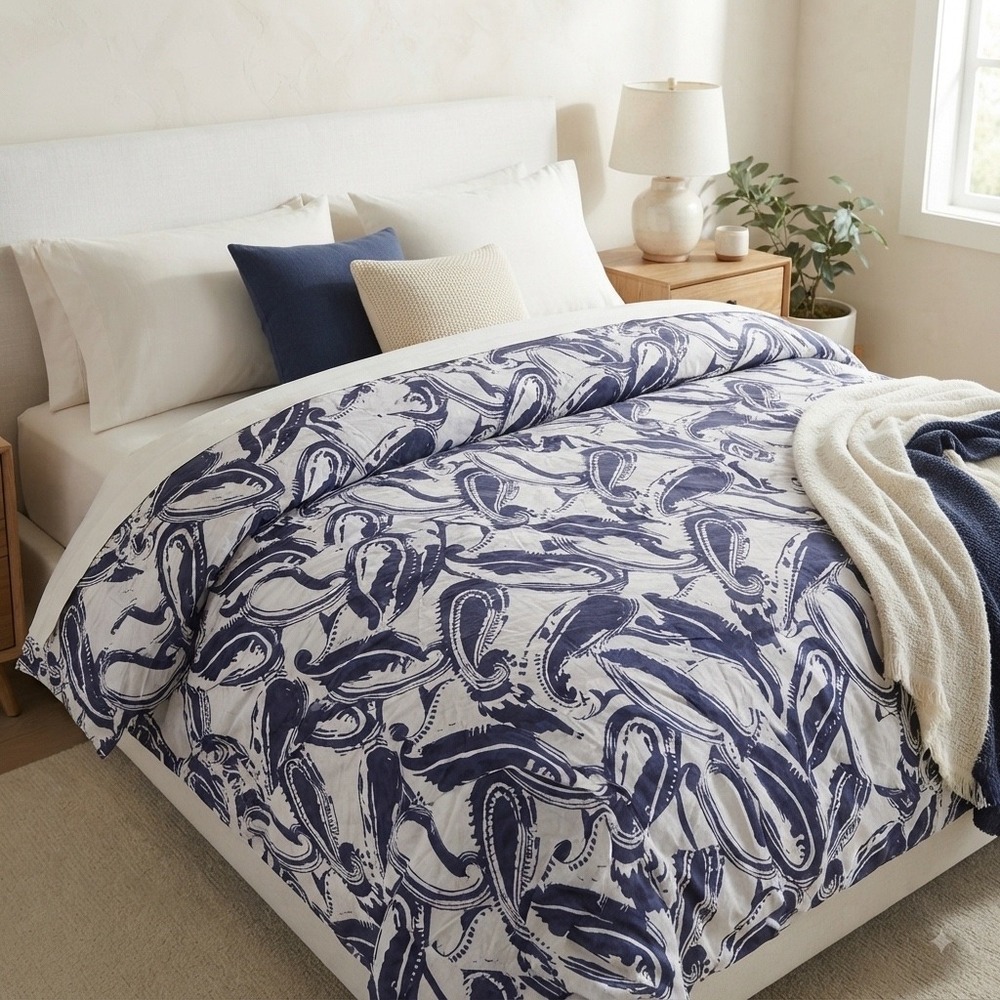 Pottery Barn Organic Cotton Duvet Cover Full Queen Navy Blue White Paisley